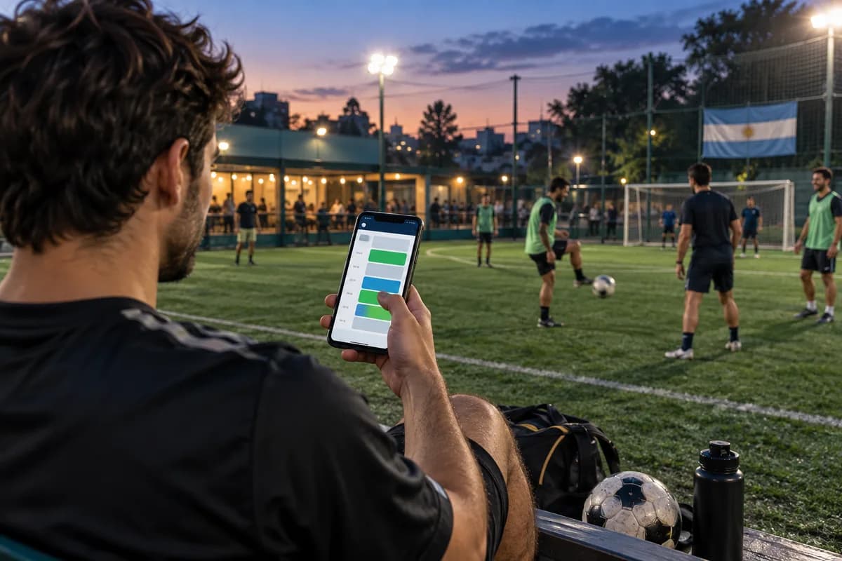 Escena ilustrativa de un jugador usando su celular junto a una cancha de fútbol iluminada
